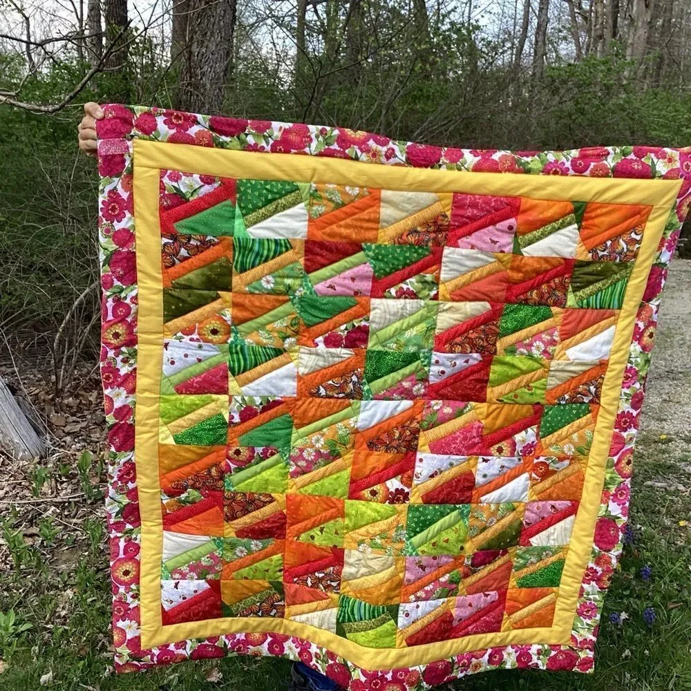 NWT. Hand Crafted “Welcome Spring & Summer” Brights Quilt with Zinnia Borders